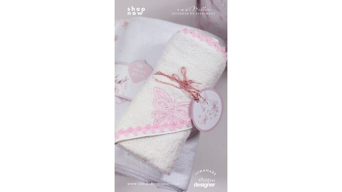 Set prima băiță cu nasii dupa botez cu fluturi roz Pink Butterfly Ritualul blând al apei pentru fetițe 3